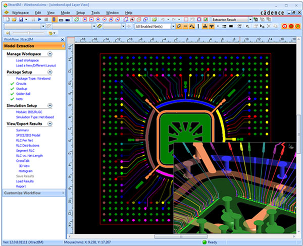 Screenshot showing Intuitive checklist workflow and 3D viewing guides extraction of wirebond package in Sigrity XtractIM