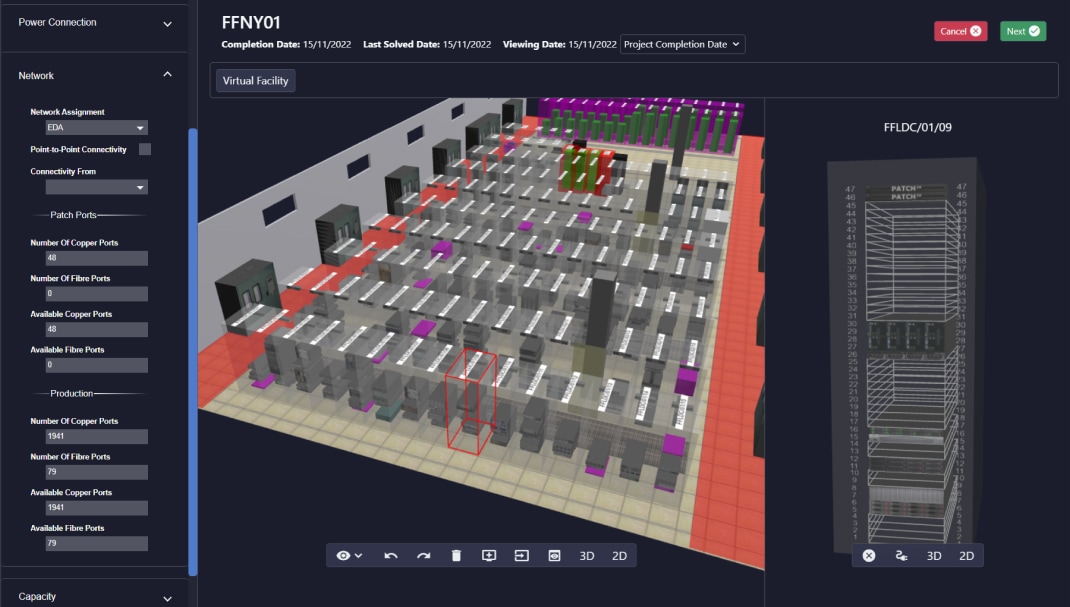 Image of the web-based interface and a DataCenter Digital Twin model, displaying a single-cabinet view and the relevant cabinet properties