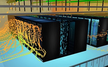 A DataCenter Design Software: Pro model demonstrating airflow paths in the cold and hot aisle and a temperature plane intersecting the hot aisle