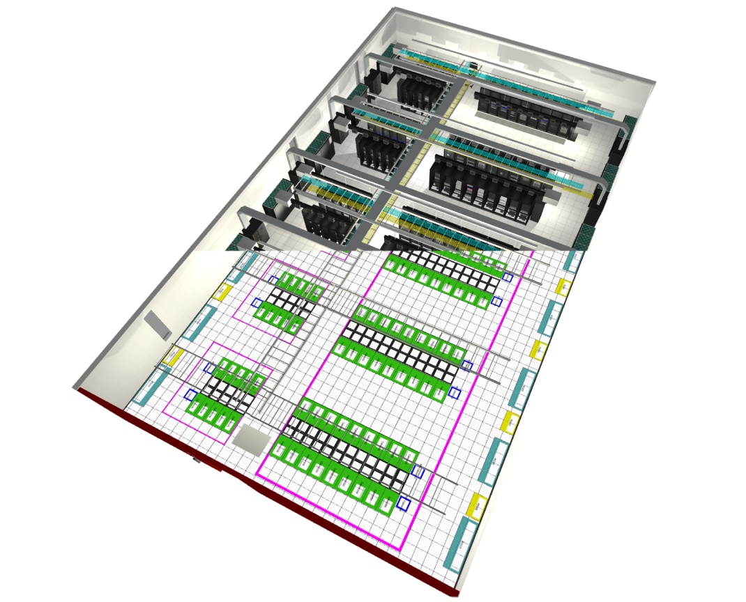 A merged image of a DataCenter Design Software model schematical drawing and the relative 3D model