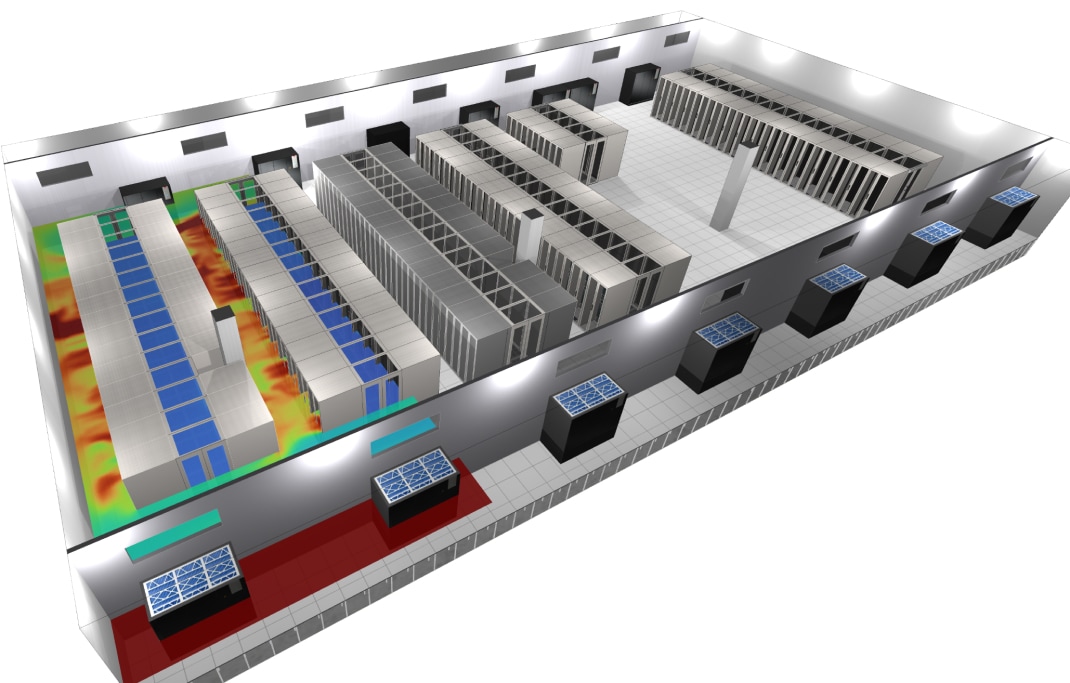 Image of the whole DataCenter Digital Twin model, containing a temperature results plane that shows the isolation of hot and cold aisles.