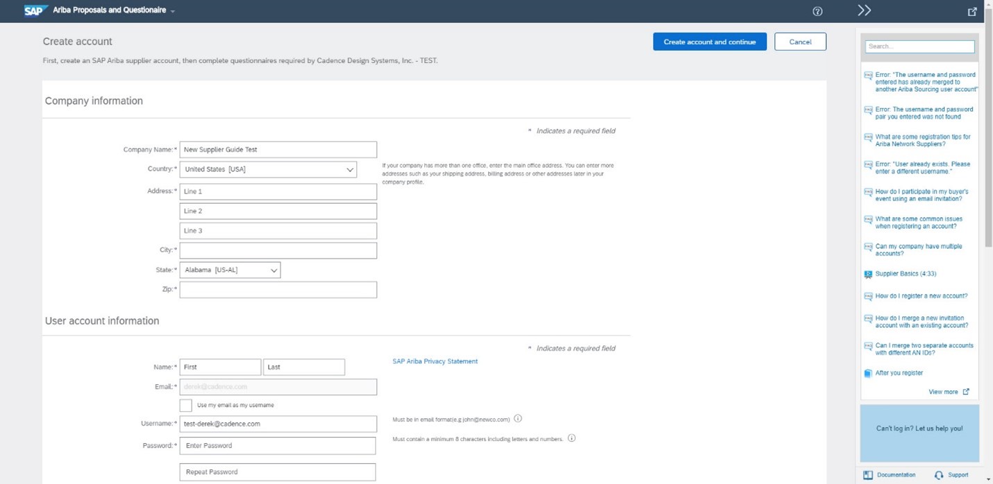 Creating a new Ariba Network Account-Screenshot