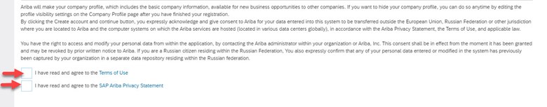 Agree to Ariba Terms of Use and Privacy Statement -Screenshot