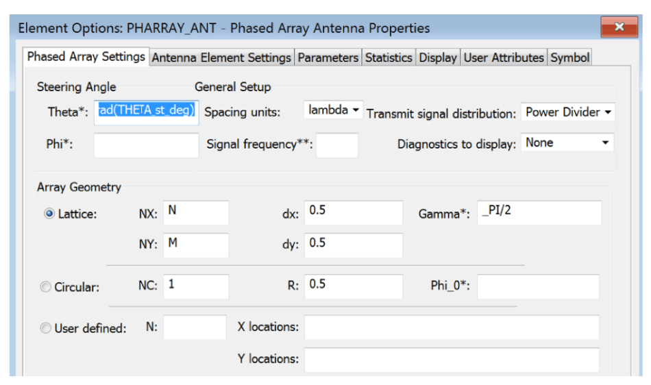 Figure 2: Phased array parameter dialog box