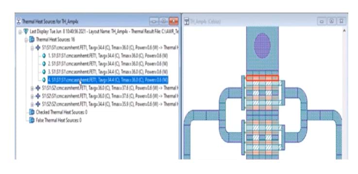 Figure 4. Temperature data linked to each heat source is automatically reported back to the AWR Design Environment in layout