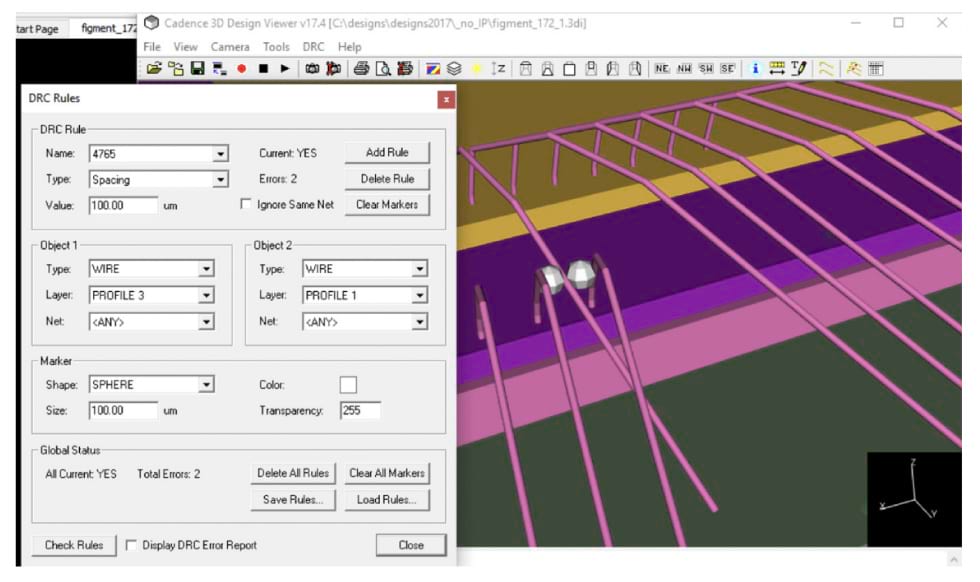 Figure 8: 3D interference rules (wire to wire and wire to object) are available through the 3D Viewer (included), using accurate wire curvature models