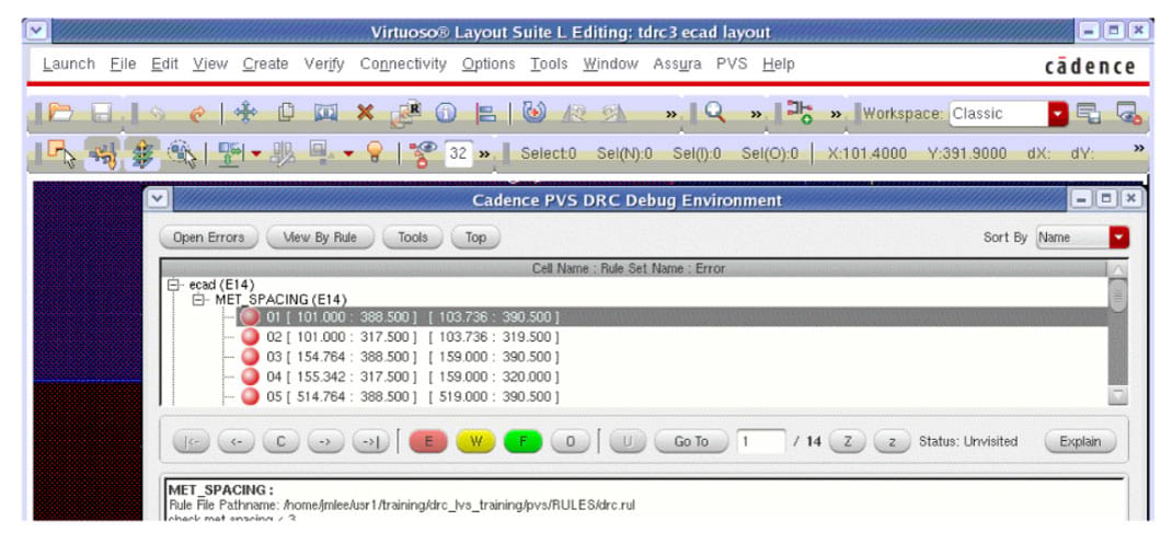 The Virtuoso GUI displays the DRC debug environment