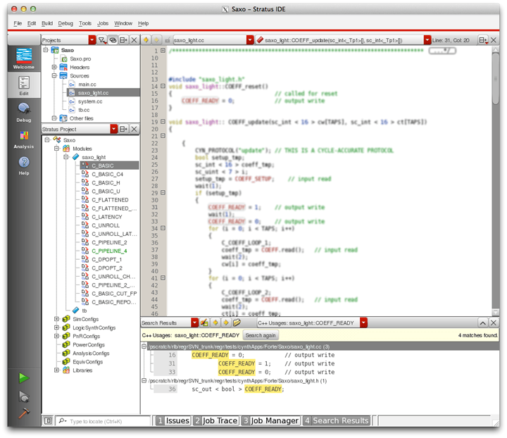 Stratus GUI includes a full SystemC IDE