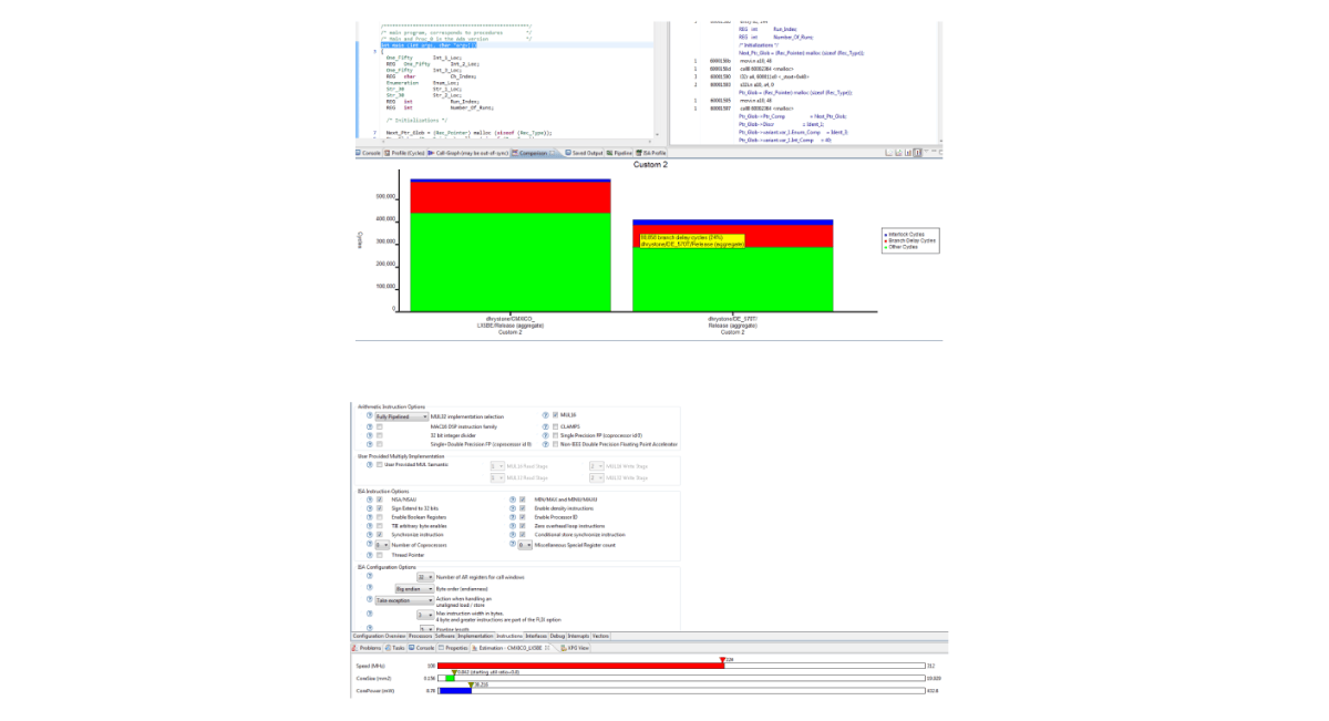 Figure 12: The Xtensa Xplorer IDE can display valuable information including performance comparisons, instruction sizes, and processor size, area, and power