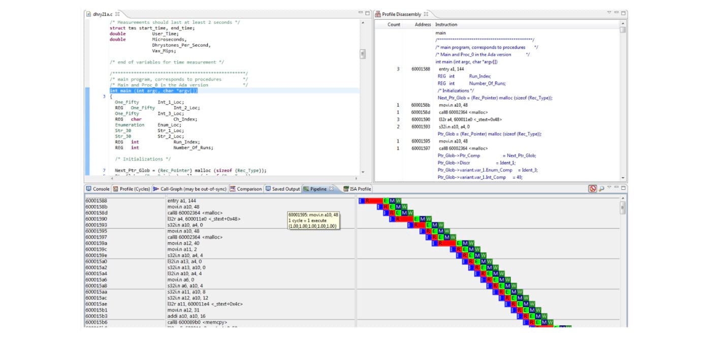 Figure 13: Xtensa Xplorer IDE GUI shows debug/trace, profiling of pipeline utilization, and a cycle comparison for a multiple core simulation