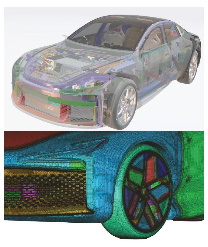 Hopium Machina CAD model (top) and close-up of the surface mesh (bottom)