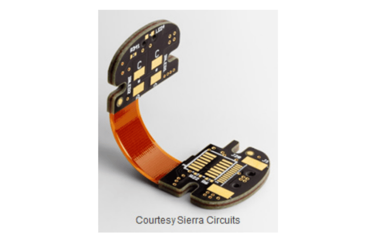 Figure 1: Rigid-flex PCB designs are ideal for applications like wearables, where small form factor and light weight are important. Image courtesy of Sierra Circuits.