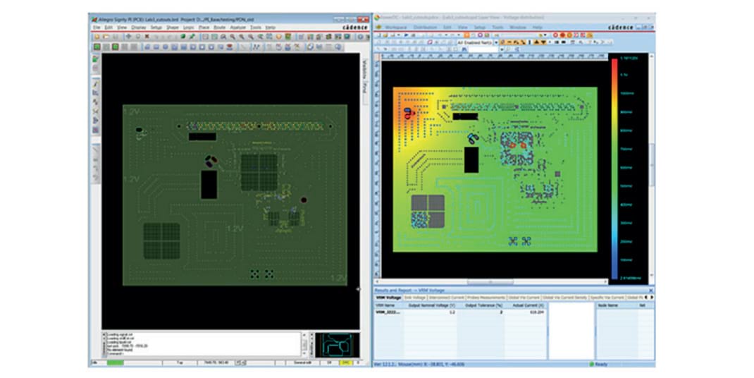 Split-screen view of layout (left) and IR drop analysis results (right)